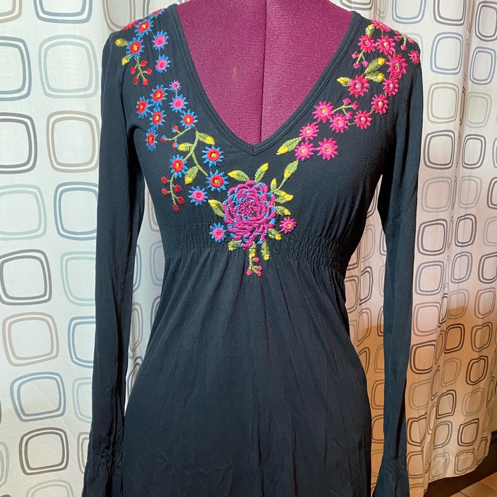Embroidered L/S Cotton Black Dress